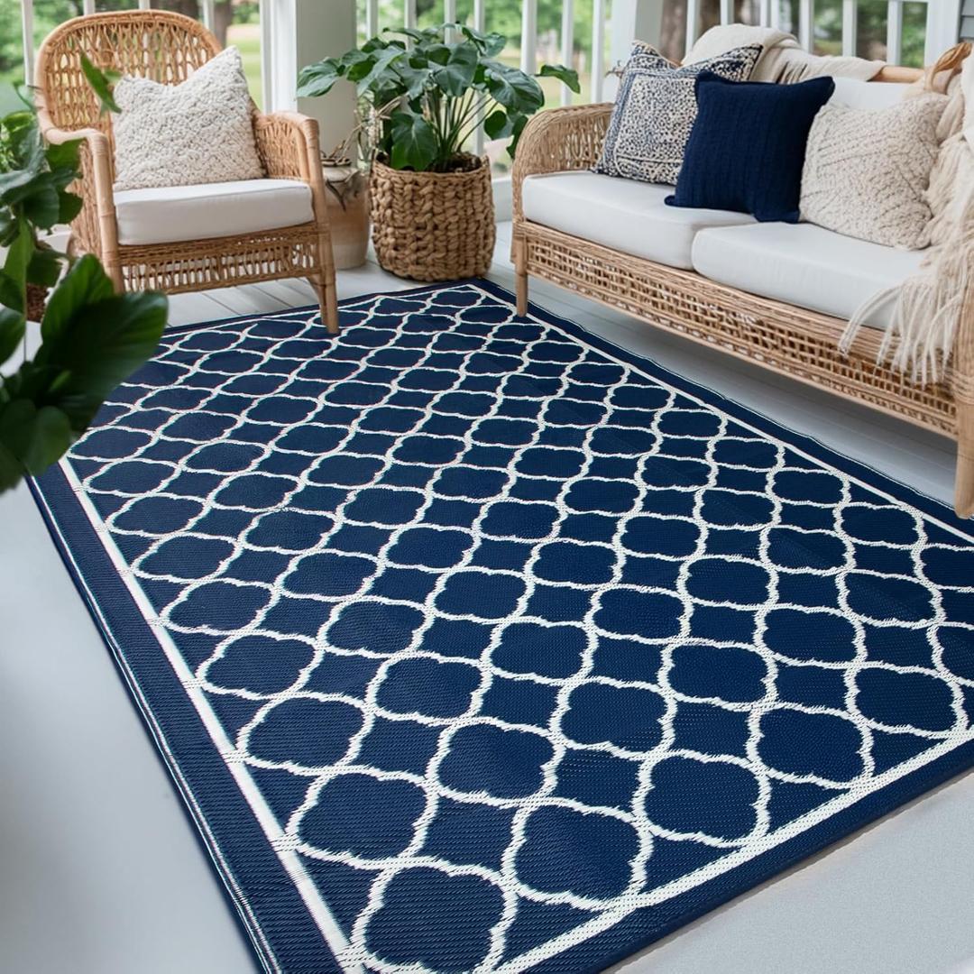 Waterproof Outdoor Rug 8x10 ft, Reversible Plastic Straw Rug, Easy to Clean Patio Rug, Portable Carpet for Patio, RV, Deck, Balcony, Backyard, Picnic, Beach, Clover, Navy Blue