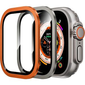 WSKEN for Apple Watch Ultra 3/Ultra 2/Ultra Screen Protector 49mm,9H Tempered Glass + Titanium Alloy Frame, [Keep Original] [Touch Sensitive] Lightweight Protective Glass Film, Orange + Original