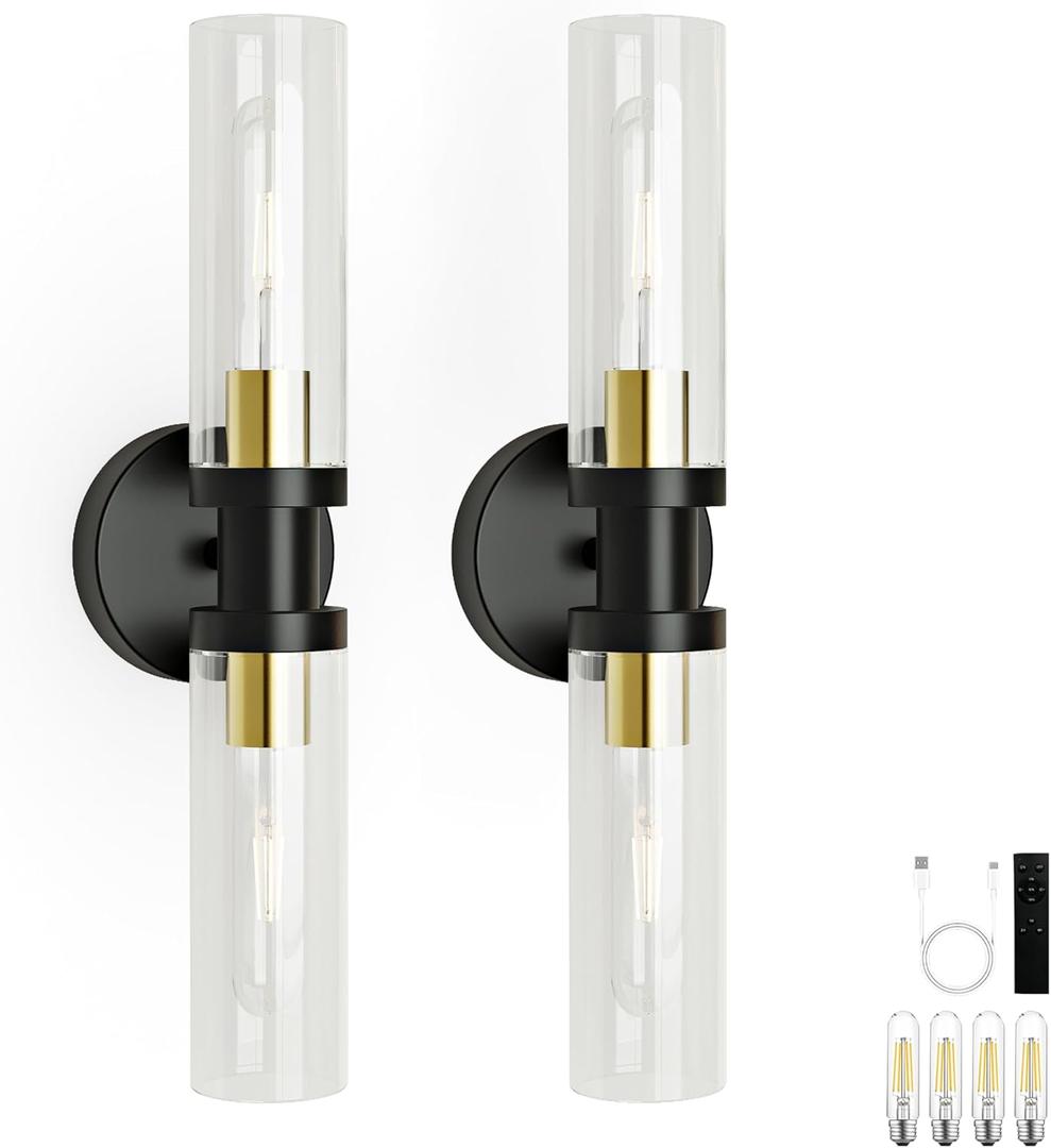 10000mAh Wireless Wall Sconces Set of 2, Rechargeable Battery Operated Wall Lights Remote Control Black & Gold No Hardwired Timer Dimmable Glass Wall Sconce for Living Room Bedroom Entryway, 16.5 Inch