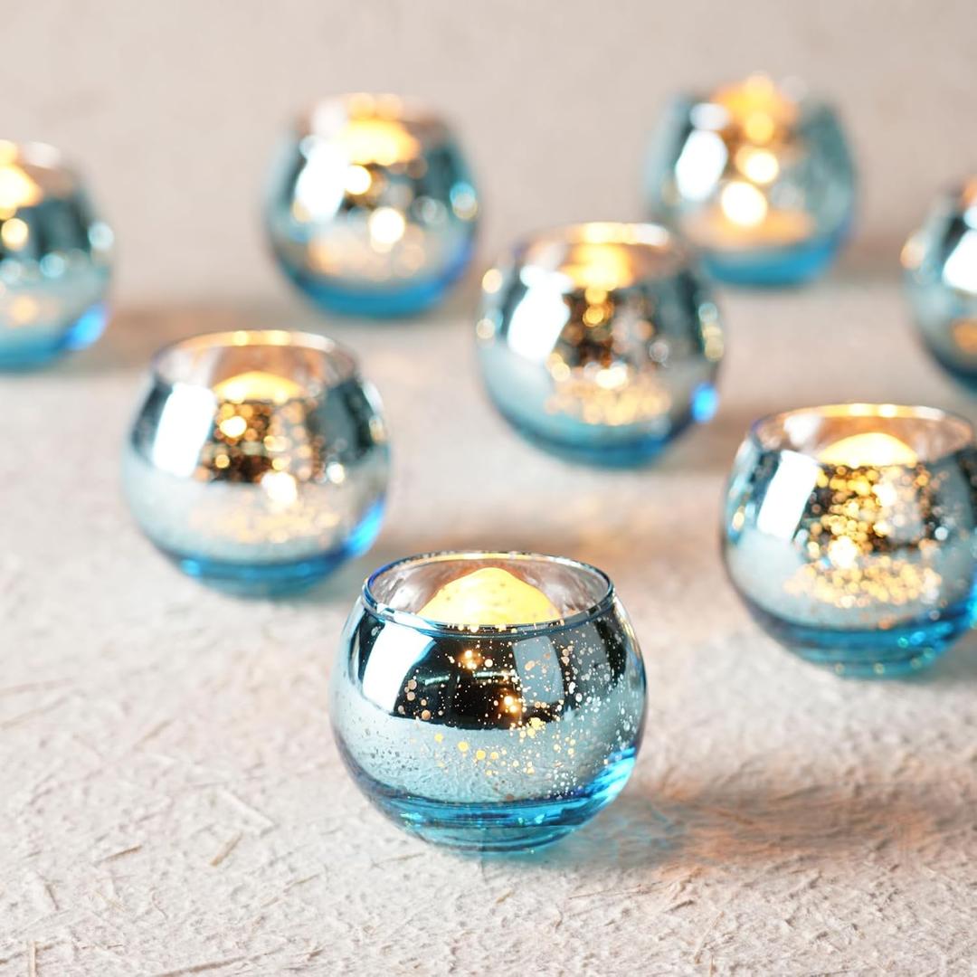 Homemory 12 Pcs Blue Votive Candle Holders, Round Mercury Glass Candle Holder, Tealight Candle Holders for Table Centerpieces, Baby Shower, Anniversary, Wedding, Home Decor, Halloween, Christmas