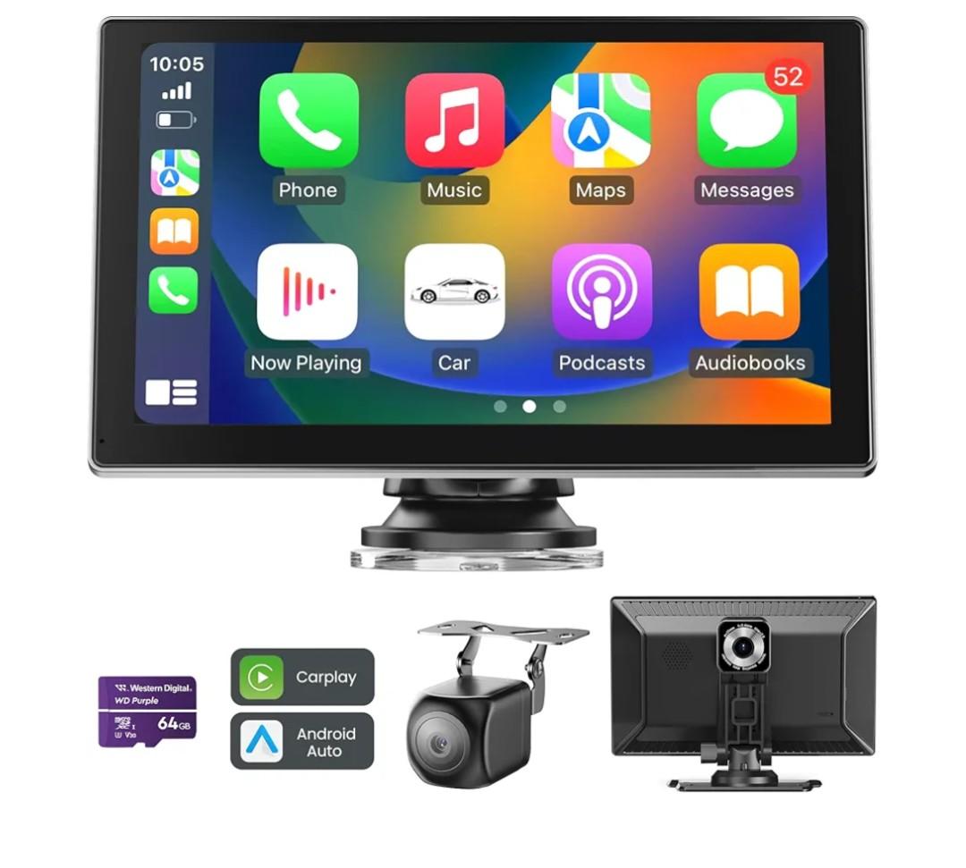 Wireless Apple Carplay Screen for Car, Portable Car Play Screen for Car & Android Auto, 4K Dash Cam, 1080p Backup Camera, GPS Navigation, Car Audio Receivers Mirror Link, Bluetooth, FM, Siri