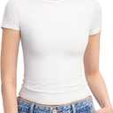PUMIEY Summer Tops for Women Slim Fit Short Sleeve T Shirts Sexy Y2K Crop Top, Splashed White Large