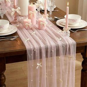 Pink Pearl Table Runner 30 x 120 Inch White Bow Tulle Lace Table Runner Gauze Sheer Coquette Boho Wedding Centerpiece Decor for Baby Shower Bridal Party Wedding Arch Veil Birthday Decor