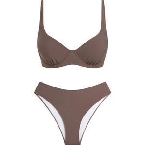 ZAFUL Brown Underwire Bikini Womens Gingham Bikini Sets High Waisted Underwire Swimsuits Full Coverage Two Piece Swimwear Plaid Bathing Suit  (Brown, S)