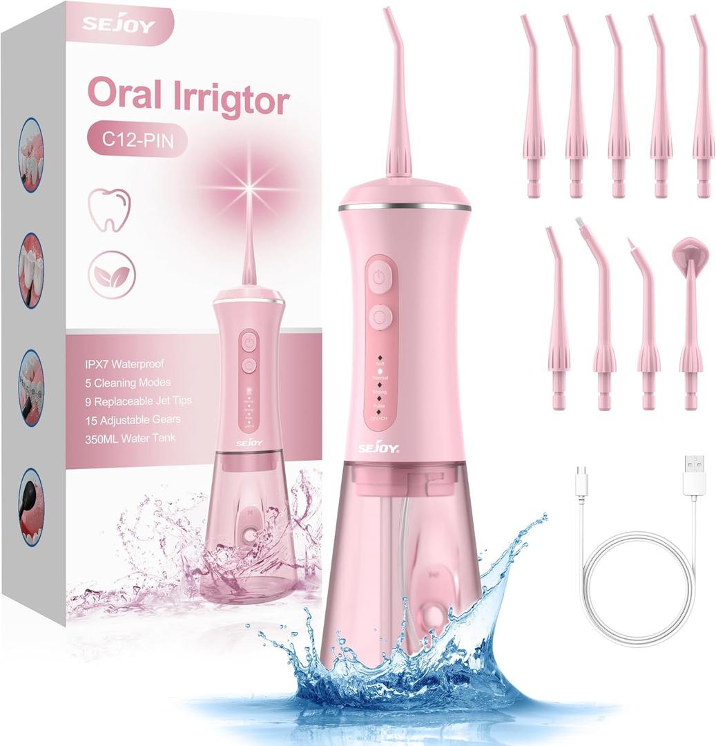 Sejoy Water Flosser for Teeth Cleaning and Flossing, Tooth Flosser Electric Cordless Portable Water Dental Flosser, 350ML 5 Modes 9 Jet Tips, for Daily Oral Care, Pink