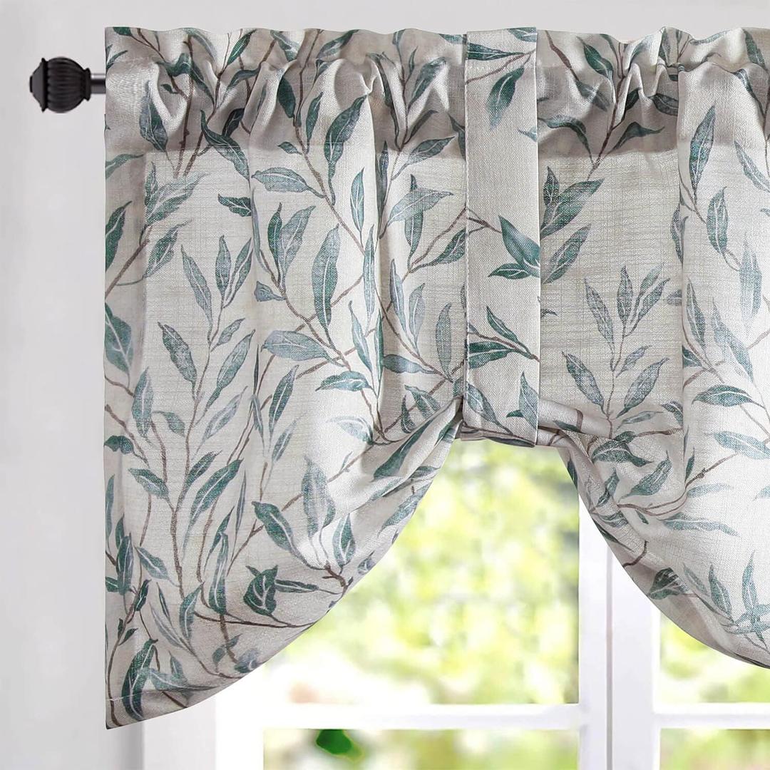 VOGOL Tie-up Valance for Kitchen Windows Tie Up Curtains for Windows Blue Leaf Print Adjustable Balloon Shades Rod Pocket Curtain Panels Valances for Cafe, 52x18, One Piece