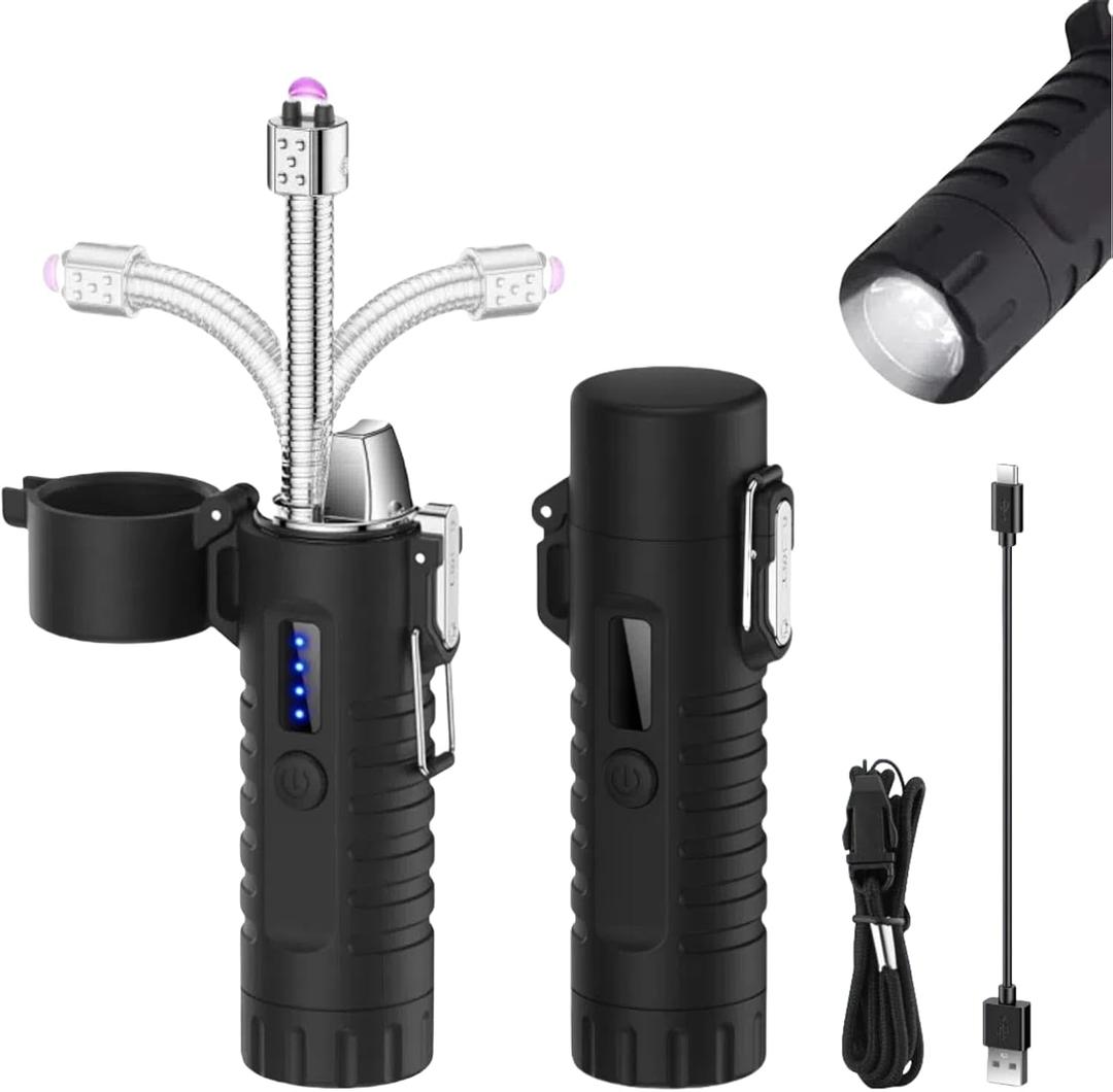 Electric Lighter, USB-C Rechargeable Plasma Arc Lighter with Flexible Neck, Windproof & Waterproof Design, Built-in Flashlight for Candles, Camping, Hiking and Outdoor Adventures (Black)