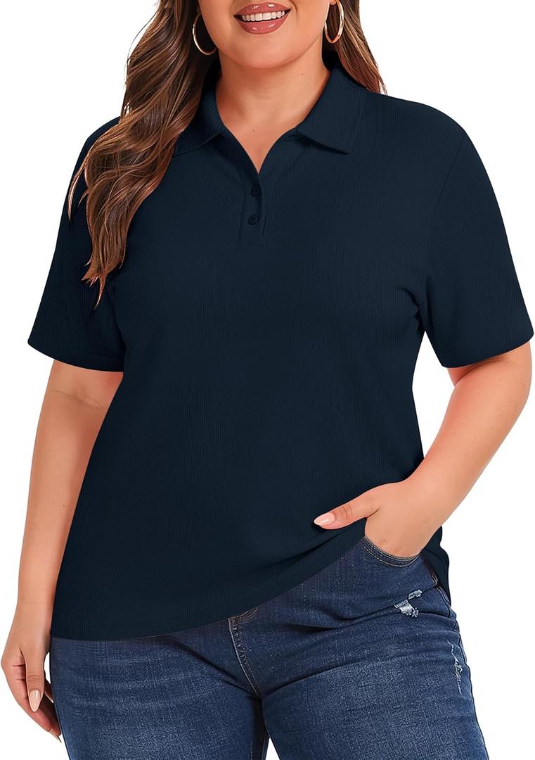HDLTE Womens Plus Size Polo Shirts UPF 50+ Quick Dry Golf Shirt 2 Button V Neck Collared Short Sleeve Business Casual Tops (XXXL)