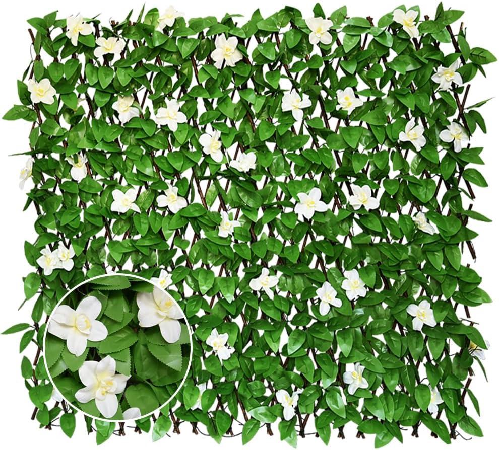 Expandable Privacy Screen with Artificial Flower for Balcony Patio Fence Greenery Privacy Fence Outdoor White Flowers 4pcs