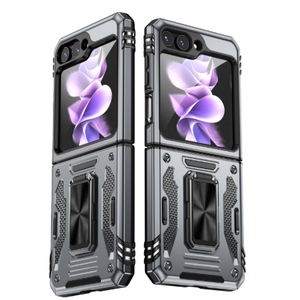 JUMIUSTNB Compatible with Samsung Galaxy Z Flip 5 Case with Slide Camera Cover,Built-in 360° Rotatable Ring Stand,Heavy Duty Protection TPU Bumper Hard Case for Samsung Galaxy Z Flip 5,Grey