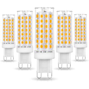 No Flicker G9 Led Bulbs Dimmable 6W Soft Warm White 2700K,40W 50W 60W Halogen Equivalent,AC120V Dimmable G9 T4 LED Bulb for Chandelier Pendant Ceiling Wall Light,600LM,360Deg(5Pack)