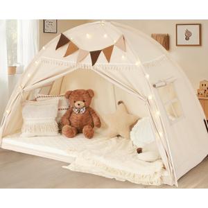 Twin Size Bed Tent Canopy, Kids Play Tent with Flags & Star Lights, Canopy on Bed Privacy Space Sleeping Blackout Tents, Indoor Breathable Portable & Foldable, Girls & Boys Gifts, Cream Tassels Style (Twin Size (78.7 x 38.5 x 49.6 in))