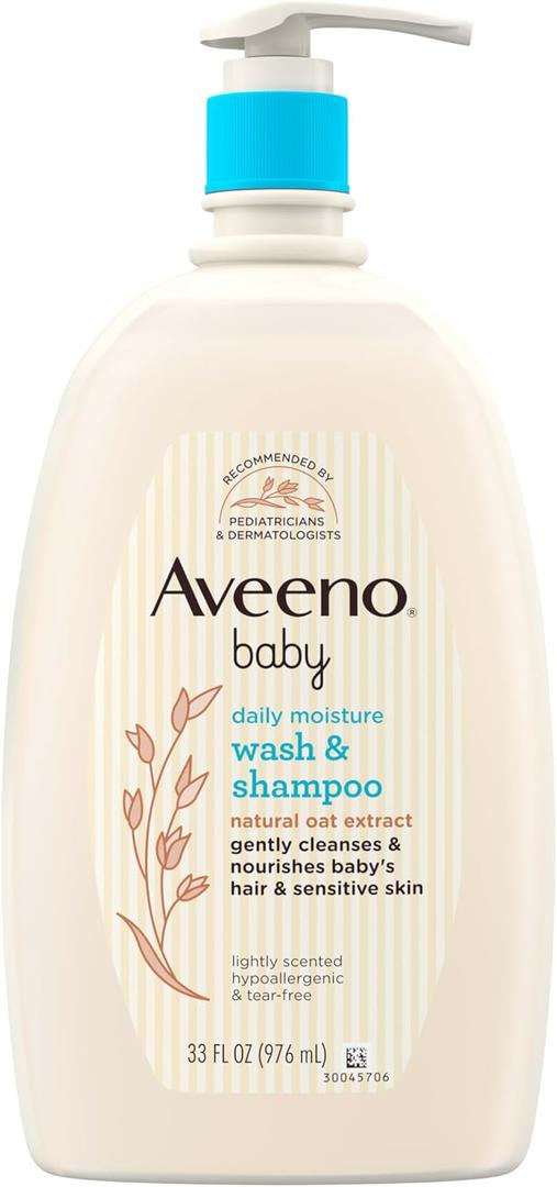 Aveeno Baby Daily Moisture Body Wash & Shampoo with Oat Extract, Hypoallergenic, Tear-Free, No Added Parabens, pH-Balanced Formula for Sensitive Hair & Skin, Baby Essentials, 33 fl oz