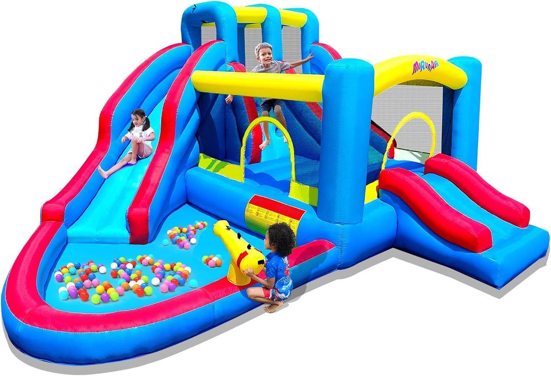 Inflatable Bounce House, Blow Up Bouncy House Include Slide, Outdoor Backyard Water Park with Air Blower, Splash Pool, Water Cannon, Climbing Wall, Bounce Water Prak for Kids