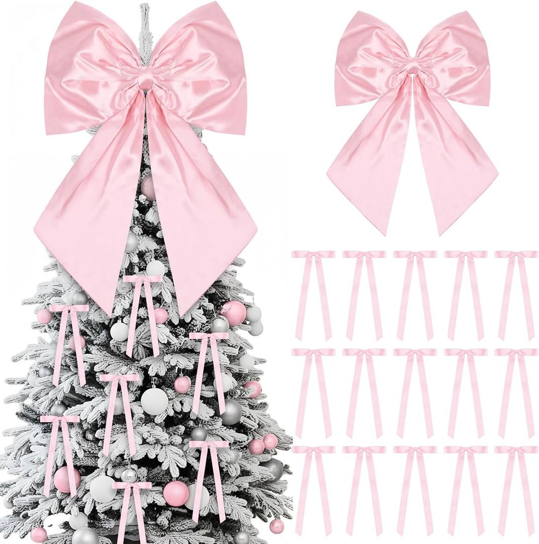 25 Pcs Valentines Pink Bow Set Decor 1 Extra Large 20 x 24 Inches Satin Bow 24 Coquette Ribbon Bows for Birthday Wedding Holiday Wreath Wall Backdrop Decor