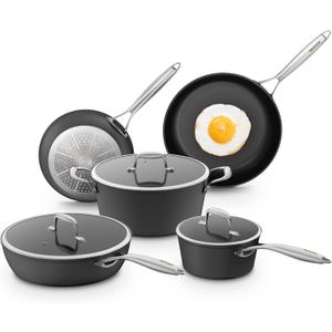 Pots and Pans Set Non Stick, Oven Safe 500F Premium Hard Anodized Induction Cookware Sets 8 Pcs, Frying Pans & Saucepans with Stay-Cool Handles, Glass Lids, PFAS/PFOS/PFOA/BPA Free, Black