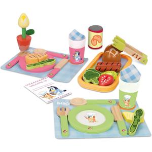 Bluey Toy Fruits and Vegetables for Toddlers, 32-Piece Pretend Food with Plates, Utensils, Baby Play Food & Wooden Toy Fun
