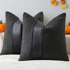 Laolitou Set of 2 Boucle Pillow Covers 18x18 Inch with Faux Leather Accents Pillow Cases Cosy Soft Couch Cushion Covers for Sofa Couch Bed Chair Bedroom Living Room Home Decor, Charcoal Black