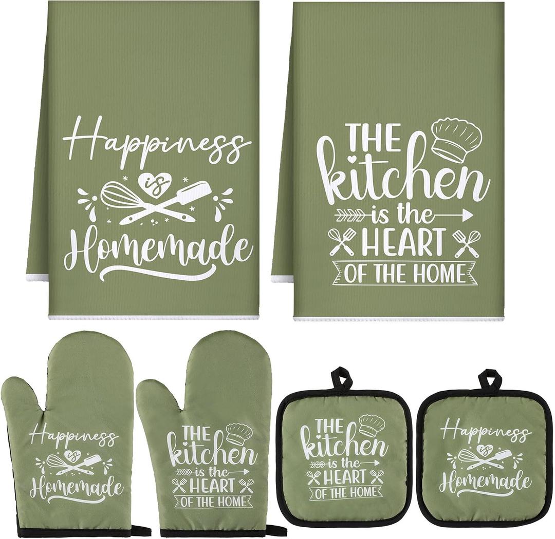 Sratte 6 Pcs Kitchen Decor Accessories Set Farmhouse Towels Pot Holders Oven Mitts Set 2 Dish Towels 2 Potholders 2 Cooking Mittens Oven Glove for Baking Cooking Supply (Green, Kitchen)
