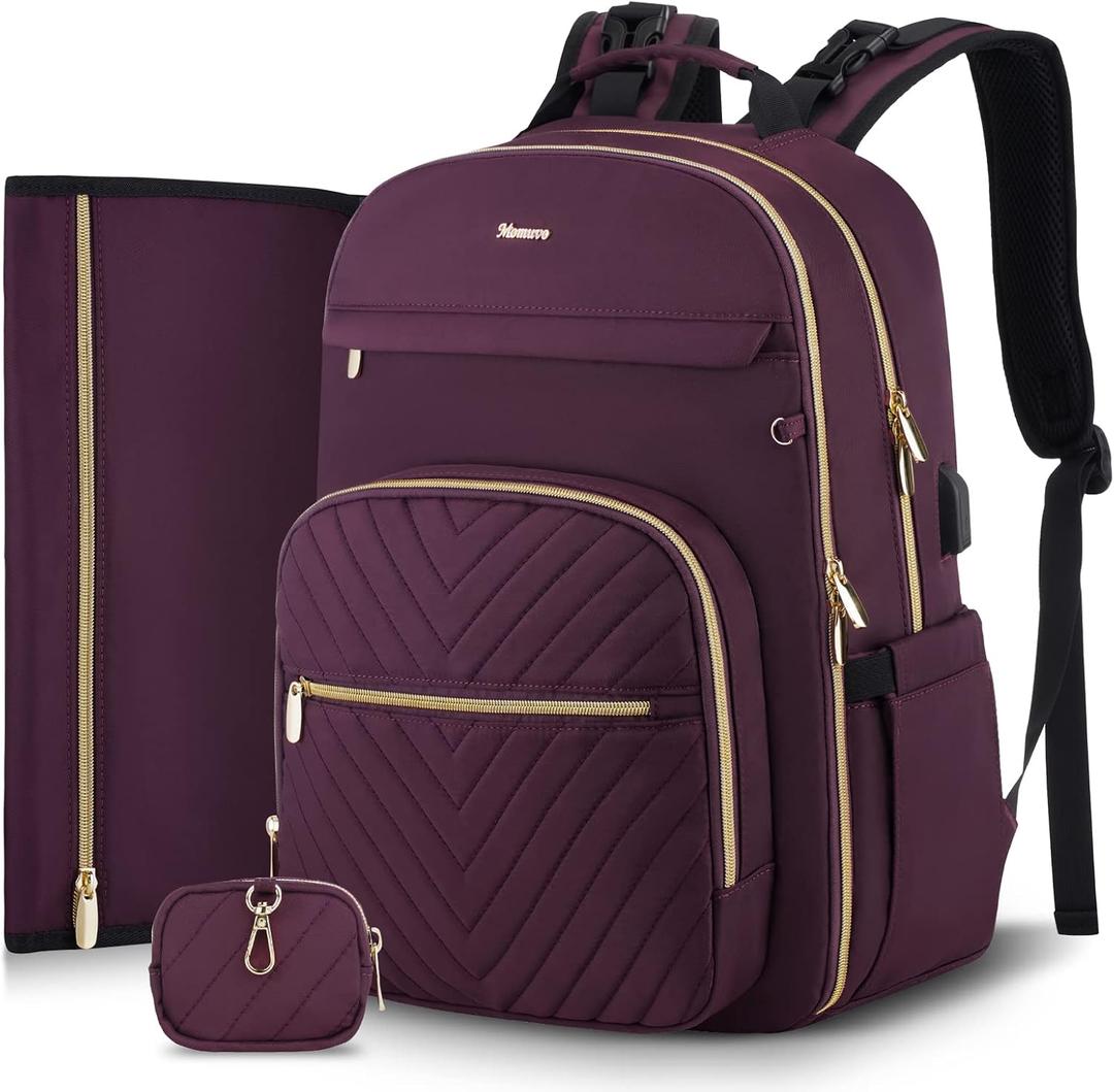 MOMUVO Diaper Bag Backpack, Quilted Baby Bag with Changing Pad & Stroller Straps & Pacifier Case, Large Travel Diaper Bags for Mom Dad (Purple)
