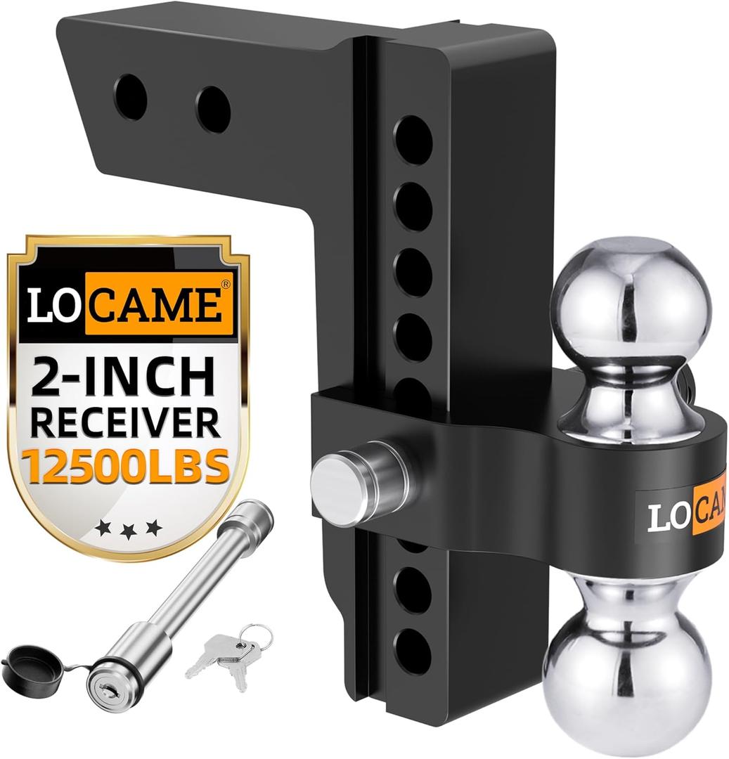 LOCAME Adjustable Trailer Hitch, Fits 2-Inch Receiver, 8-Inch Drop/Rise Aluminum Drop Hitch,12,500 LBS GTW-Tow Hitch for Heavy Duty Truck with Double Stainless Steel Locks, Black, LC0018