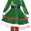 WeGuard Elf Costume for Women 5pcs Christmas Outfit Adult Santa Dress Plus Size with Hat Belt Shoes Cover Socks Xmas, Size XL