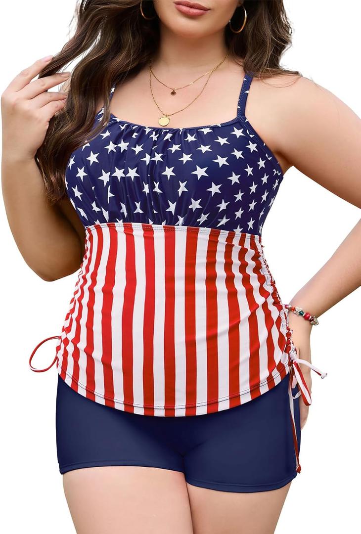 Zando Womens Plus Size Tankini Swimsuits Two Piece Swim Bathing Suit for Women Tummy Control Swimsuit Top with Shorts 2025 (American Flag)