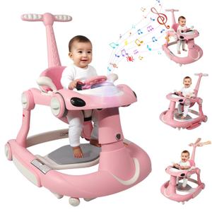 Baby Walker, 4-in-1 Baby Walker with Wheels Portable, Foldable Infant Toddler Walker for Boys Girls 6-18 Month, Removable Footrest, Car Steering Wheel & Music, Adjustable Push Walker Pink