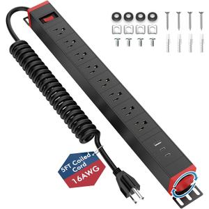 8 Outlet Surge Protector Power Strip,360° Rotatable Mounting,PD 20W USB C Fast Charging, Mountable Powerstrip Metal with 5FT Colied Cord for Home Office Industrial Garage Commercial