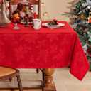 Joyfol Day Red Christmas Tablecloth, Jacquard Fabric Winter Poinsettia Rectangle Table Cloth, Countryside Florals Waterproof Kitchen Dining Xmas Party Table Cover (52x70 Inch)