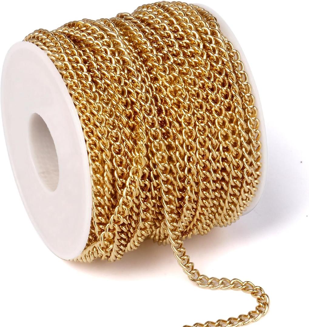33 Feet 18K Gold PVD Plated Stainless Steel Curb Chain Bulk, 3mm 304 Stainless Steel Flat Twisted Links Chains Roll Spool for Jewelry Making Necklace DIY Craft