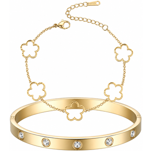 Gold Stackable Bracelets for Women 18K Gold Plated Floral Bracelet, Stainless Steel Bangle Bracelets Trendy Jewelry as Gifts for Women