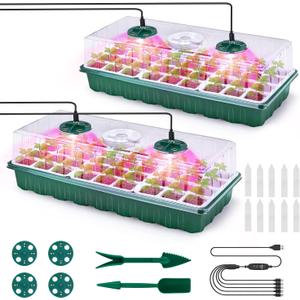 2 Packs Seed Starter Tray with Grow Lights, 72 Cells Silicone Seed Starter Kits with Humidity Dome, 3 Lights for Seed Starting, 4 Timing Set, 8 Full Spectrum Germination Kit for Plant Seeds