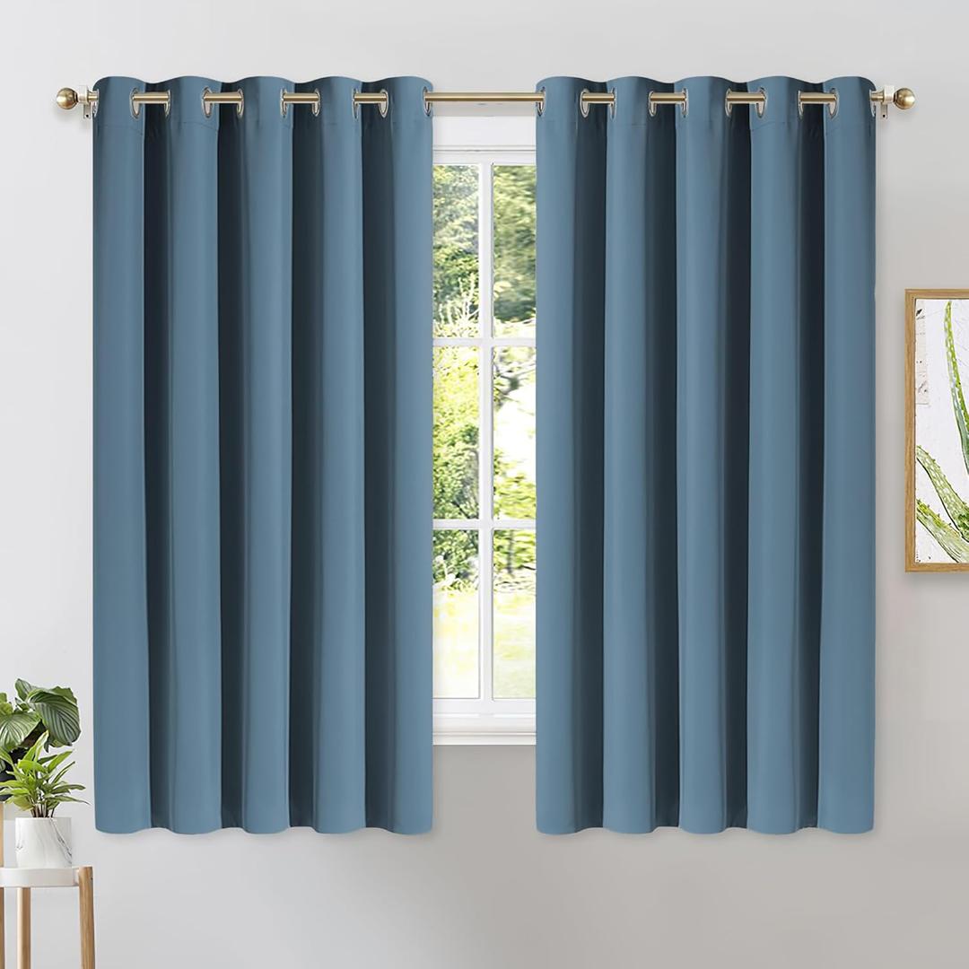 NICETOWN Blackout Curtain Panels for Bedroom, Smoky Blue, 2 Panels, W70 x L63-inch, Grey, Thermal Insulated Grommet Top Blackout Draperies and Drapes for Basement