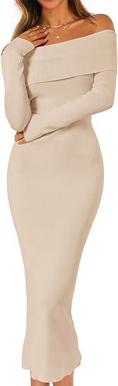 MEROKEETY Women's Winter Off Shoulder Bodycon Sweater Dress 2026 Spring Formal Long Sleeve Elegant Club Party Midi Dresses Size M