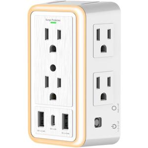 Three Sided Power Strip - Wall Outlet Multi Extender with Night Light,6 AC Outlets, 3 USB Ports (1 USB-C), 1500J Surge Protector