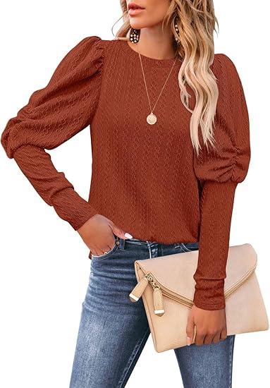 DOROSE Womens Puff Long Sleeve Crewneck Cable Knit Casual Loose Pullover Sweater Tops, M