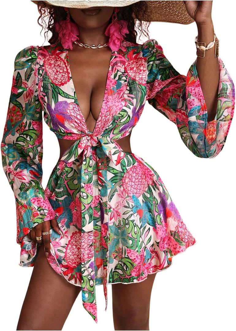 Women's Sexy Summer Tropical Mini Dress Y2K Deep V Cut Out Dresses Long Bell Sleeve Vacation Tie Front Sundress, XL