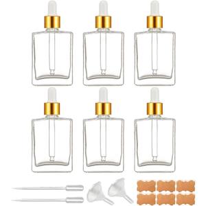 6 Pack 1.7oz Clear Square Glass Dropper Bottles, 50ml Empty Square Perfumes Bottles with Eye Droppers, for Essential Oils,Liquids, Tincture Bottle (Clear -Golden Cap)