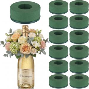Wonderjune 12 Pcs Mini Floral Foam Holder for Wine Bottle Topper Green Flower Foam Round with Base Flower Arrangement Supplies for Wedding Party Table Decoration Wine Bottle Decor (3.9 x 1.8")