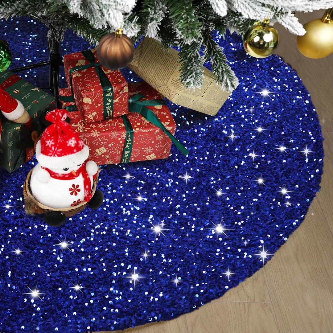 Christmas Tree Skirt 48 Inch, Blue Sequin Christmas Trees Skirt, Large Sparkle Xmas Tree Stand Base Used for Christmas Holiday Indoor Home Decoration