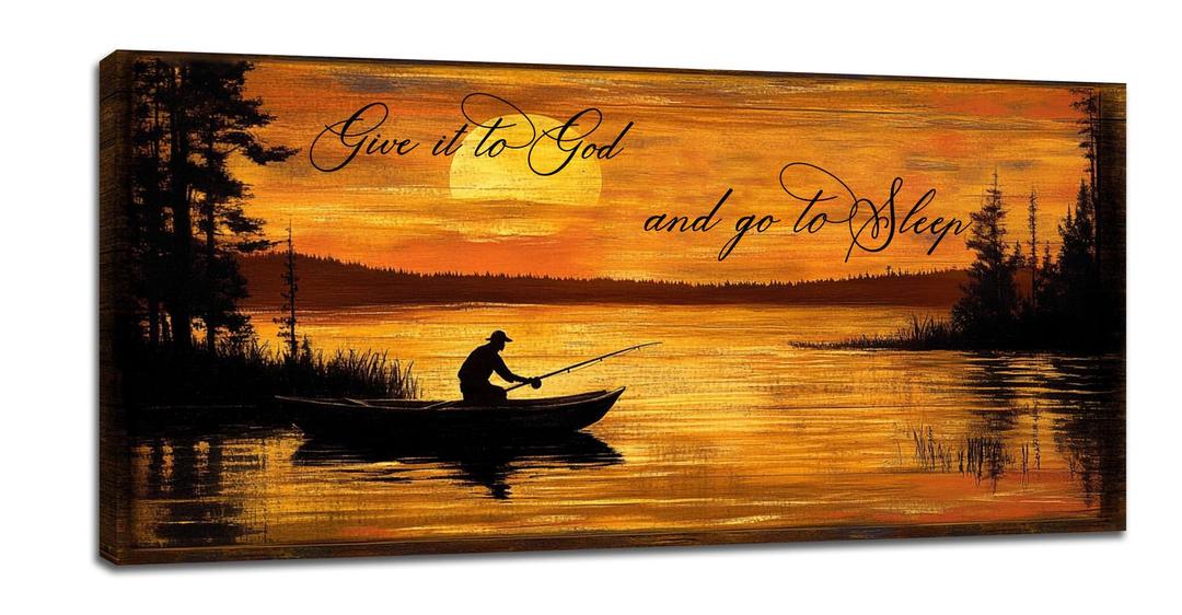Fishing Large Wall Art for Living Room Farmhouse Give It to God and Go to Sleep Canvas Decor Rustic Fisherman Prints Painting Pictures Extra Large Farm Fish Sunset Framed Artwork for Bedroom 30"x60"