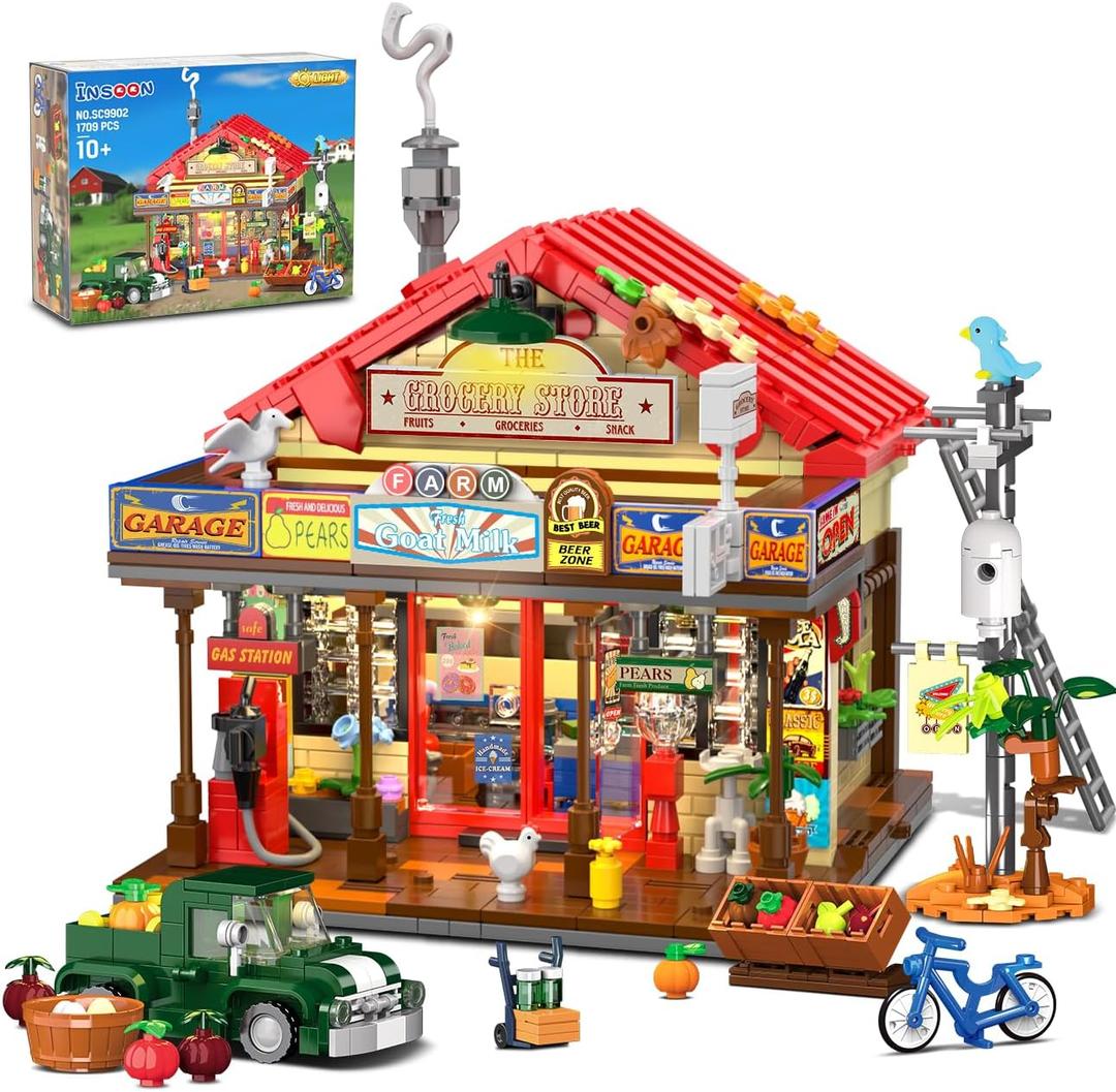 Country General Store Building Set for Adults with Lights, 1709 PCS Vintage Shop House Construction Building Block Kit, Home Decor Cabin Architecture Model for Women Men Teens Boys Girls 12+