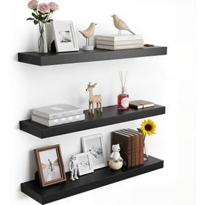 Floating Shelves for Wall,Set of 3 Black Wood Wall Mounted Shelves, 23.6 x 6.3 Inch Rustic Display Storage Shelves with Invisible Brackets for Bedroom, Bathroom, Living Room, Kitchen