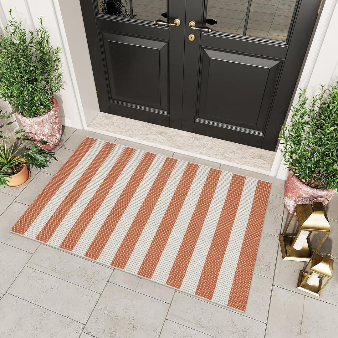 OJIA Front Door Rugs Washable 3'x5' Rug Outdoor Door Mat Entryway Rugs Striped Indoor Outdoor Rugs Cotton Woven Checkered Doormats Entrance Rug for Patio Porch Decor (Orange/White/Tan)