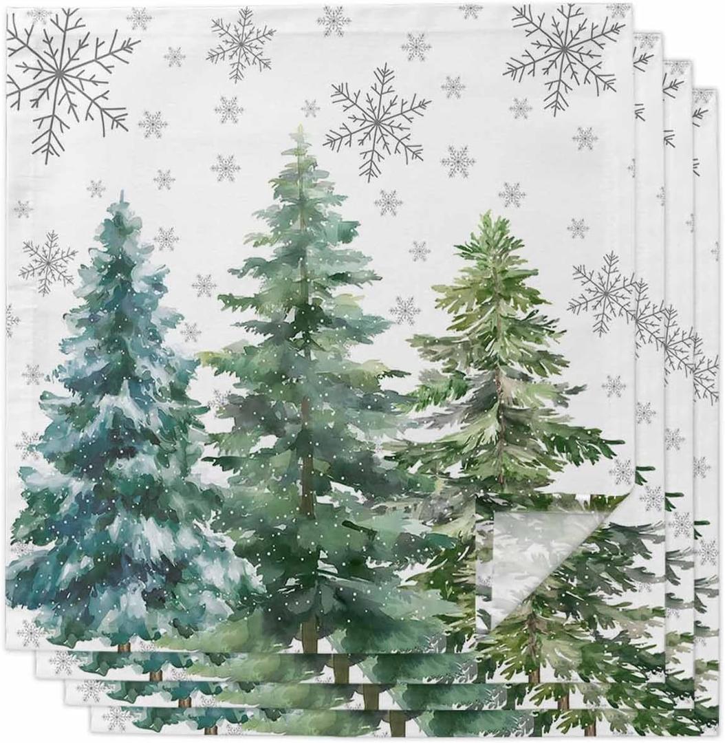 Green Christmas Tree Cloth Napkins Set of 4, Holiday Napkins for Baby Shower, Xmas Tree Grey Snowflake Washable Reusable Dinner Napkin for Cocktail Wedding Party, 20 x 20 Inch