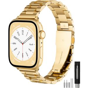 Metal Band Compatible with Apple Watch Band 42mm(Series 11 10) 41mm(Series 9 8 7) 40mm(Series 6 5 4 SE3/2/1) 38mm(Series 3 2 1), Dressy Stainless Steel iWatch Strap for Women (Gold)