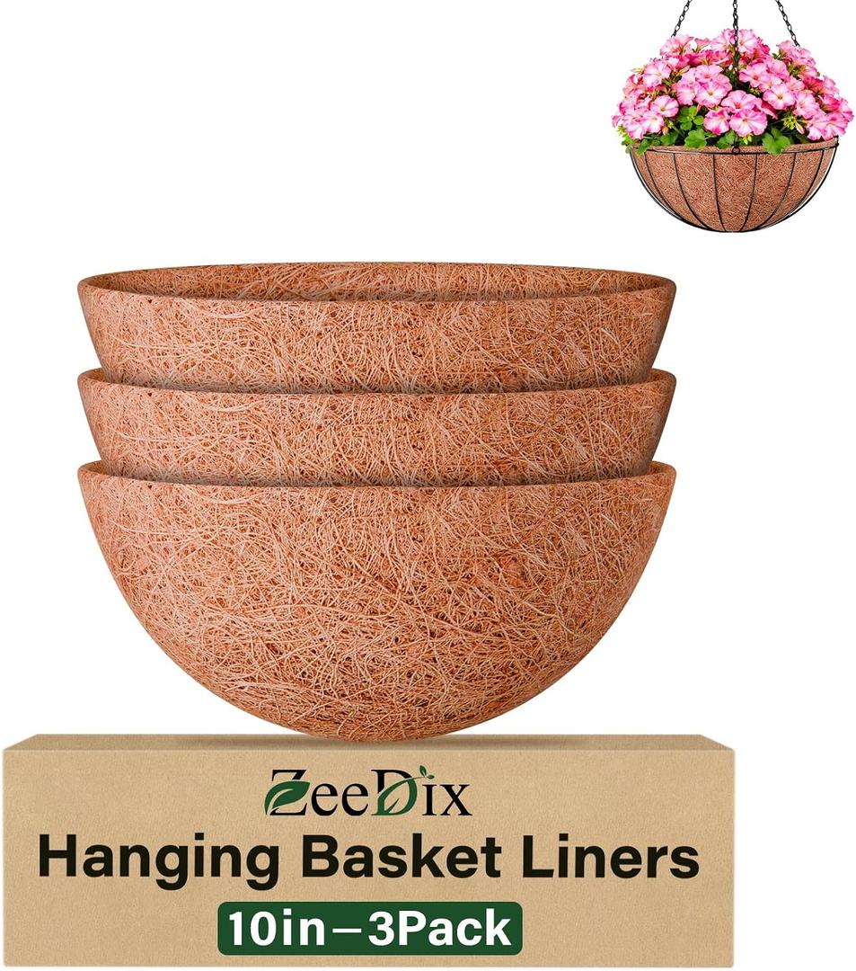 ZeeDix 3 Pack 10 Inch Coconut Liners for Planters, Round Hanging Basket Liners Natural Coco Coir Replacement Liner for Flowers Vegetables Patio Porch Garden Decor