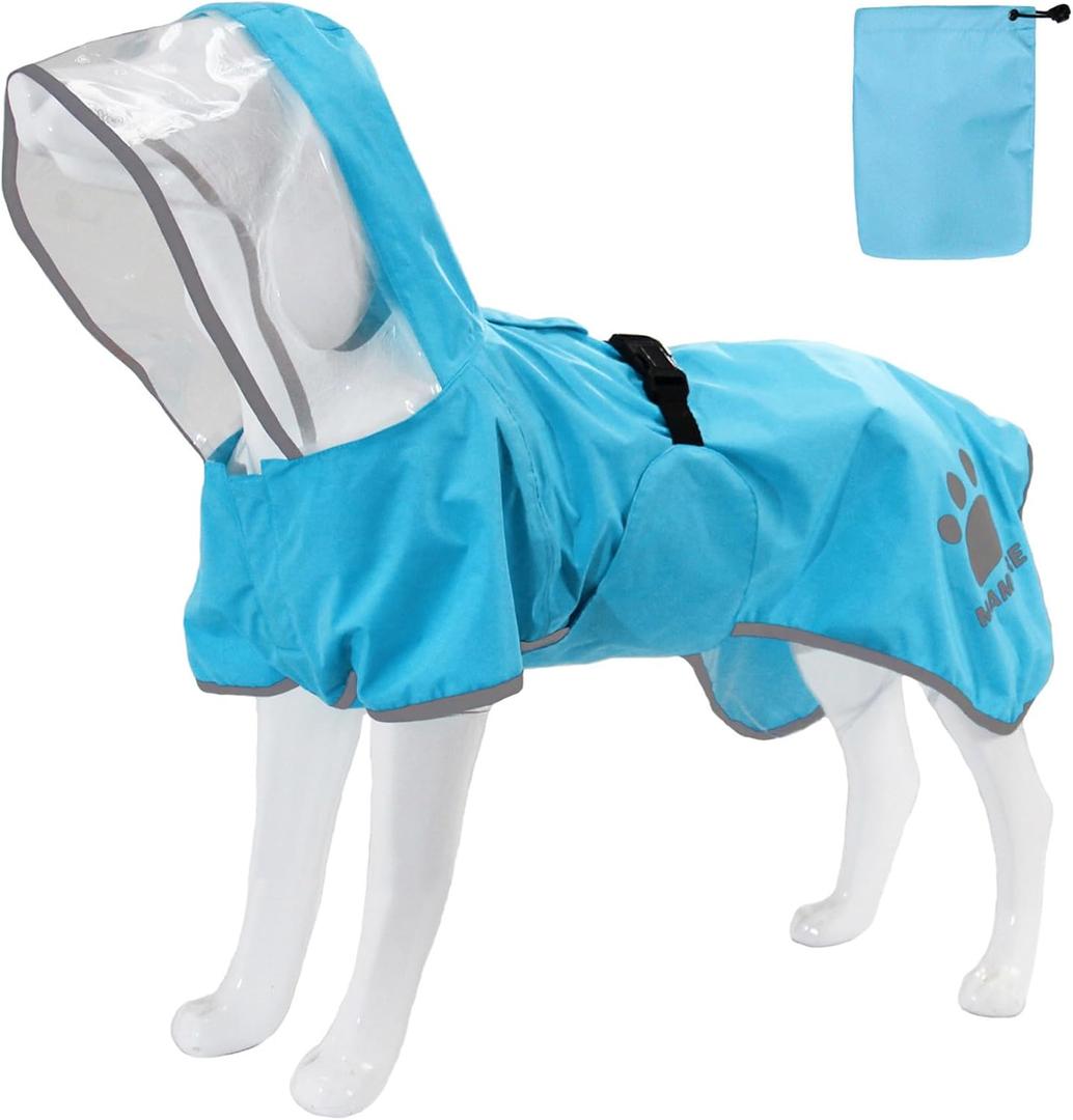 MAMORE Dog Raincoat Hooded Rain Jacket for Small Medium Large Dogs Slicker Poncho Bottom Waterproof Adjustable Reflective Breathable Leash Hole (Blue, Small)