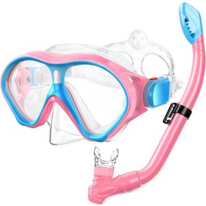 Gintenco Kids Snorkel Set, Diving Mask for Children as Unisex Kids Swimming Goggles, Anti-Fog Diving Mask and Dry Top Snorkel Combo Set for Junior and Youth (Pink/Blue)